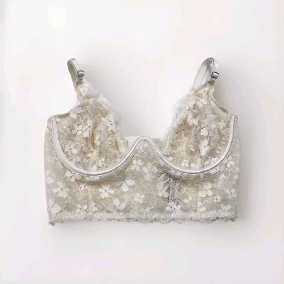 Victoria Secret Dream Angel Floral Lace Underwire Longline Bra Cream 32 D Ivory - Picture 1 of 11
